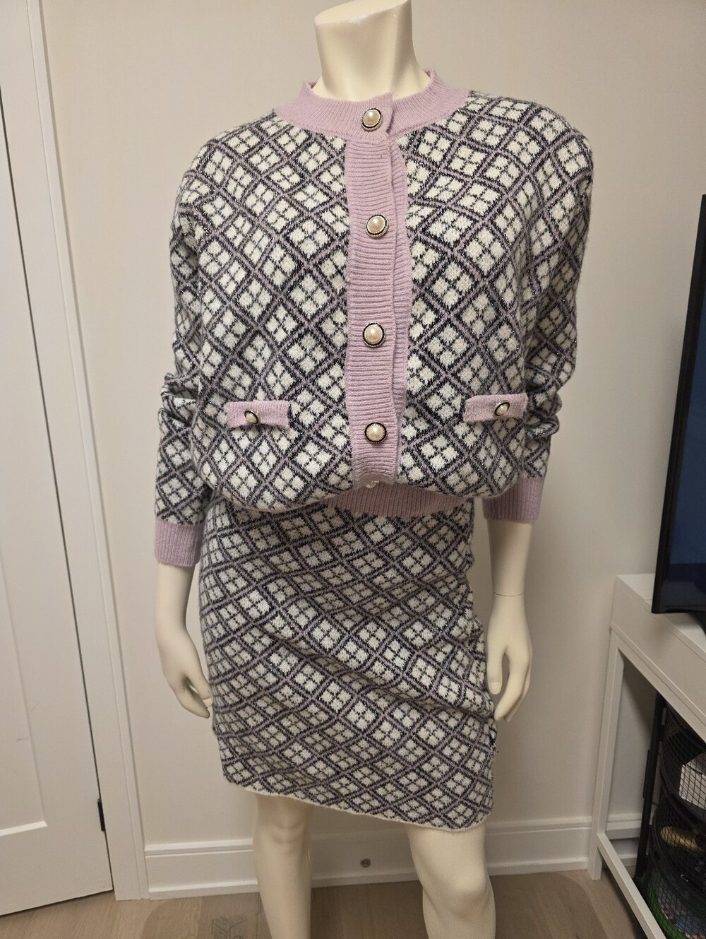 Lilac Trim Geometric Knit Cardigan & Skirt Set S - M